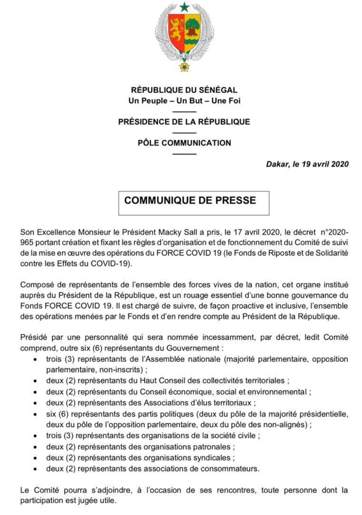 Comité de suivi de la mise en oeuvre des opérations de la force covid19 Sénégal. Comité de suivi de la mise en oeuvre des opérations de la force covid19 Sénégal.