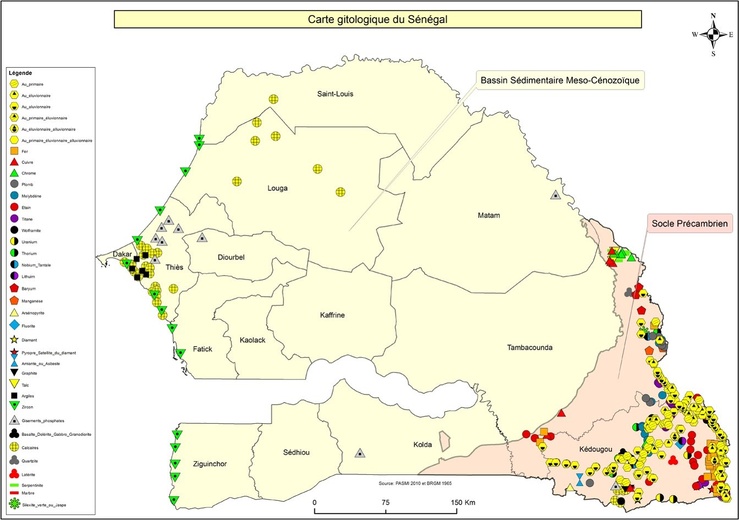 Le Sénégal dispose d’un potentiel géologique important avec une grande diversité de substances minérales comprenant des métaux précieux (or et platinoides), des métaux de base (fer, cuivre, chrome, nickel), des minéraux industriels (phosphates, calcaires industriels, barytine etc.), des minéraux lourds (zircon et titane), des pierres ornementales et matériaux de construction, etc. Le Sénégal dispose d’un potentiel géologique important avec une grande diversité de substances minérales comprenant des métaux précieux (or et platinoides), des métaux de base (fer, cuivre, chrome, nickel), des minéraux industriels (phosphates, calcaires industriels, barytine etc.), des minéraux lourds (zircon et titane), des pierres ornementales et matériaux de construction, etc.