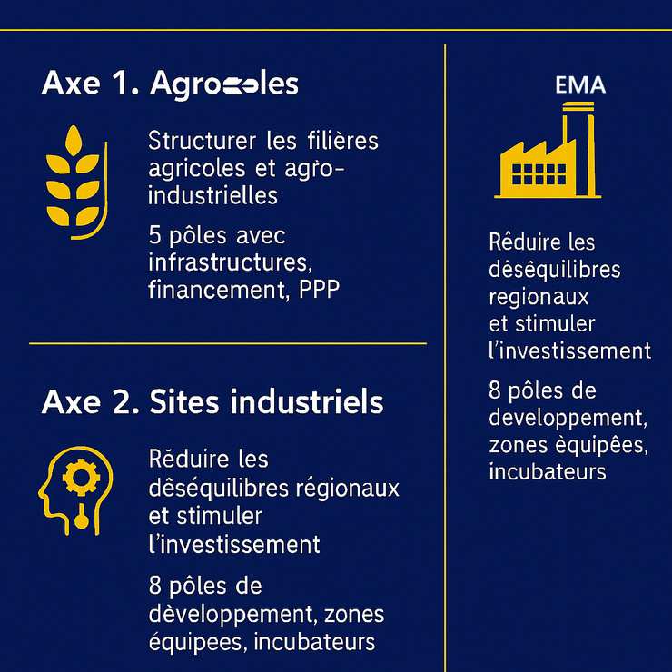 Infographie synthétique illustrant un axe stratégique du discours du Ministre Serigne Gueye Diop. Crédit : EMA - Energie & Mines Afrique.