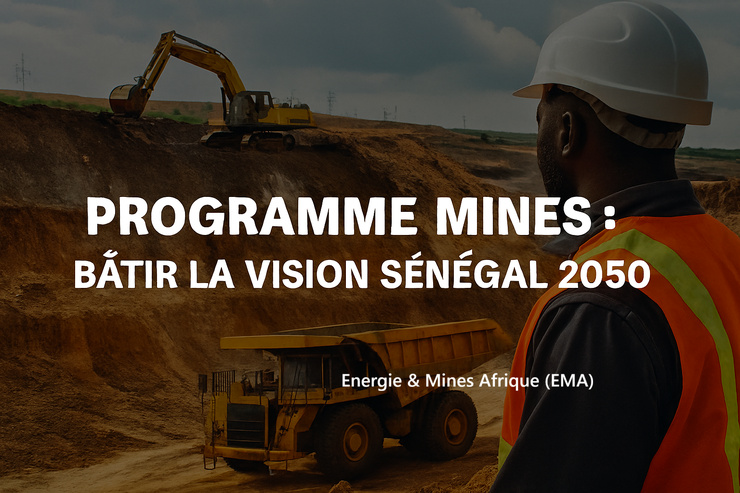 Cette image met en scène un paysage minier sénégalais avec un ouvrier en premier plan, des engins d’extraction et un texte éditorial fort : « PROGRAMME MINES : BÂTIR LA VISION SÉNÉGAL 2050 ». Cette image met en scène un paysage minier sénégalais avec un ouvrier en premier plan, des engins d’extraction et un texte éditorial fort : « PROGRAMME MINES : BÂTIR LA VISION SÉNÉGAL 2050 ».