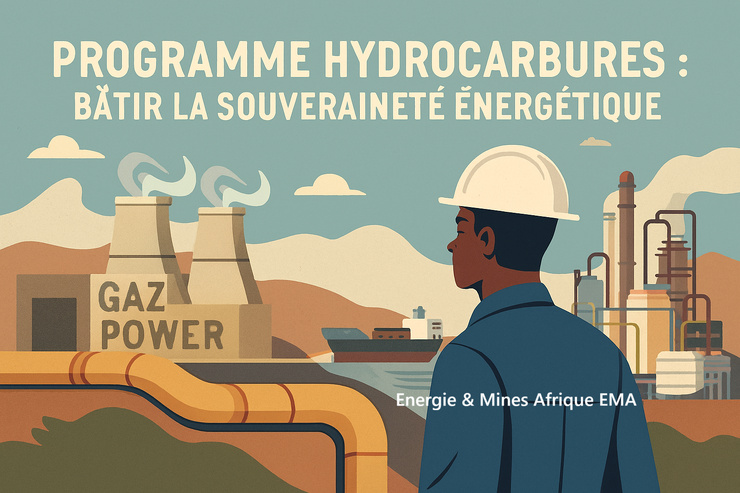 Cette image met en scène un technicien sénégalais en premier plan, observant les installations, une centrale électrique alimentée au gaz, un pipeline traversant le paysage industriel, une raffinerie pétrochimique stylisée, le port logistique de Ndayane en arrière-plan.