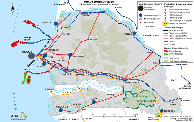 Carte des infrastructures énergétiques du Sénégal.