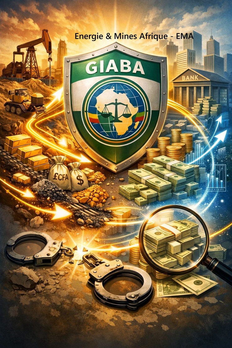 Cette image symbolique illustre puissamment le bouclier du GIABA au centre, entouré des flux extractifs et des chaînes de valeur reliant les industries minières et pétrolières à la gouvernance financière. Les menottes brisées et la loupe sur les billets incarnent la lutte contre le blanchiment et la quête de transparence.