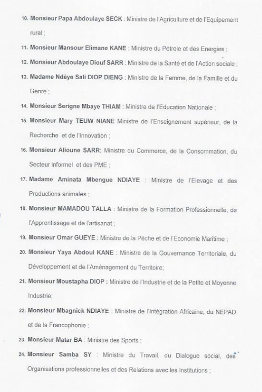 Nouveau Gouvernement du Sénégal: Liste complète des nouveaux membres