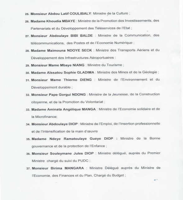 Nouveau Gouvernement du Sénégal: Liste complète des nouveaux membres
