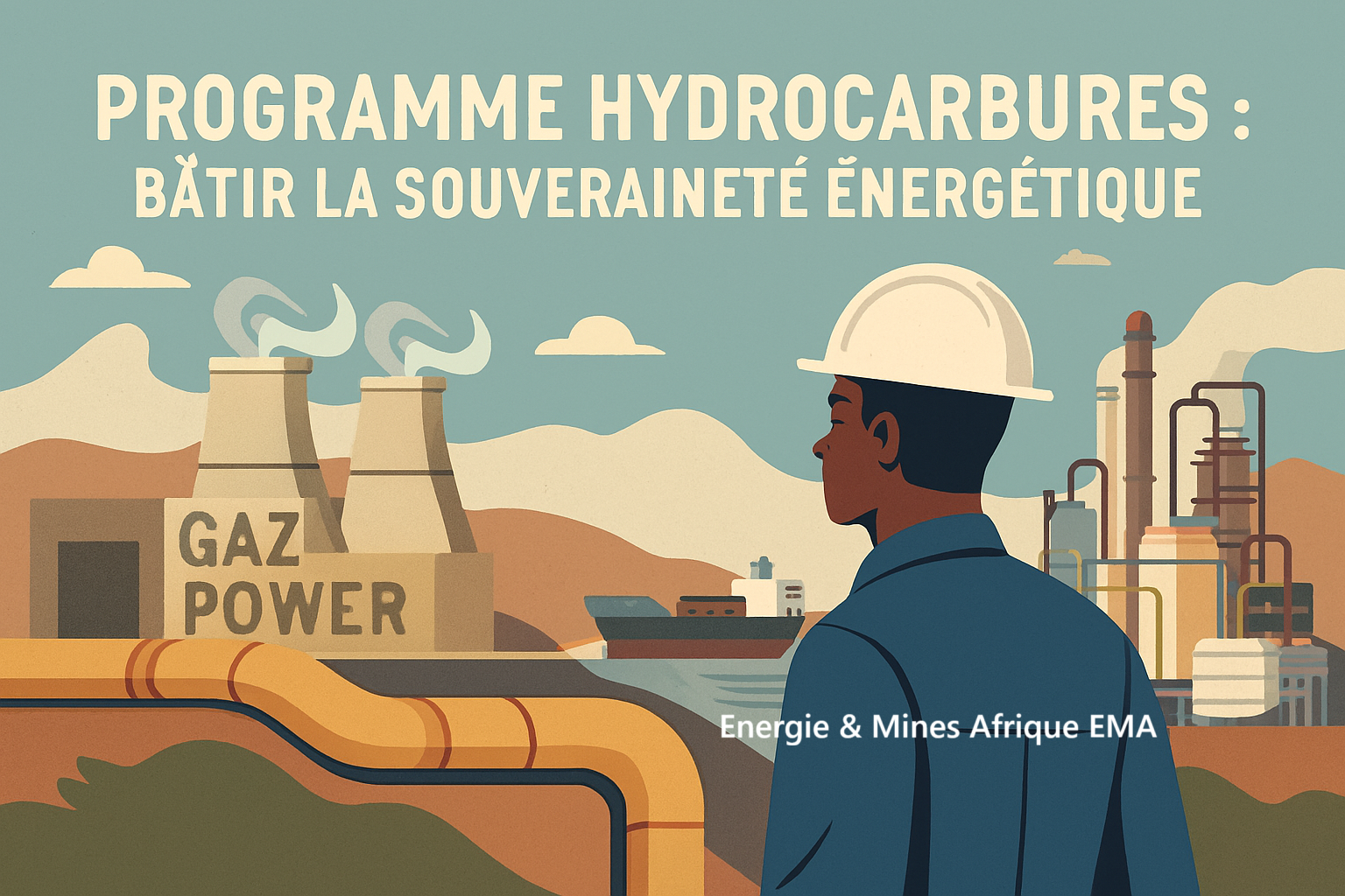 Cette image met en scène un technicien sénégalais en premier plan, observant les installations, une centrale électrique alimentée au gaz, un pipeline traversant le paysage industriel, une raffinerie pétrochimique stylisée, le port logistique de Ndayane en arrière-plan.