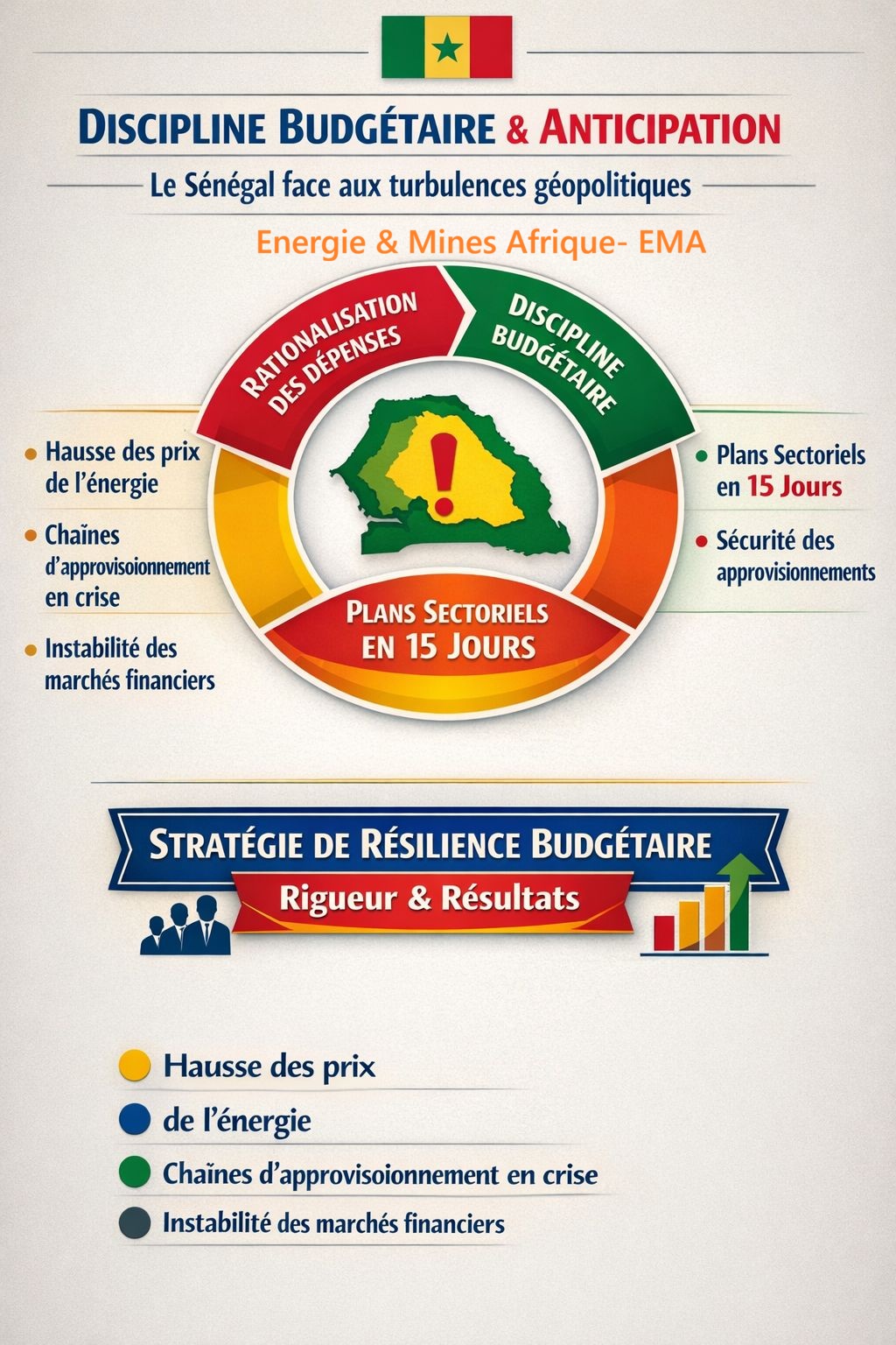 Ce visuel met en avant la discipline budgétaire et l’anticipation comme piliers de la stratégie gouvernementale sénégalaise face aux turbulences géopolitiques.